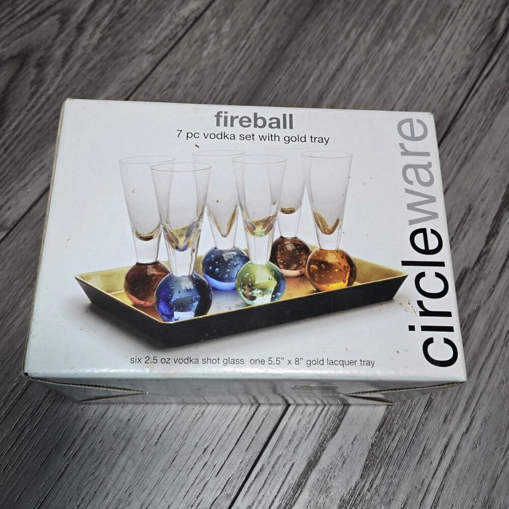 Modern Shot Glass Set w Gold Tray Colorful Glass Base